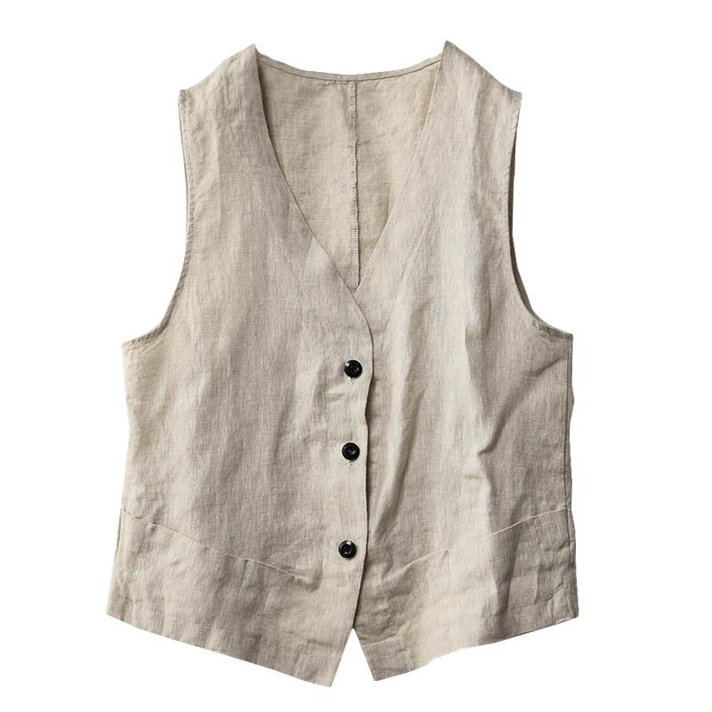 Retro V-Neck Linen Sleeveless Plain Vest