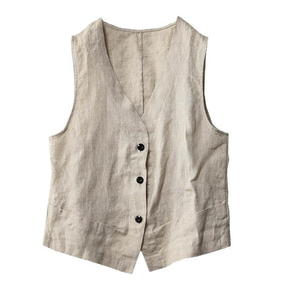 Retro V-Neck Linen Sleeveless Plain Vest