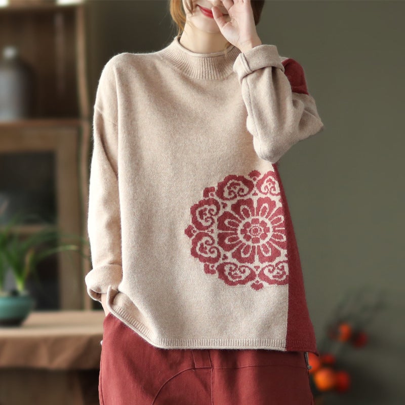 Retro Winter Color Matching Warm Cotton Sweater Dec 2021 New Arrival One Size Beige 