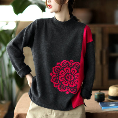 Retro Winter Color Matching Warm Cotton Sweater Dec 2021 New Arrival One Size Black 