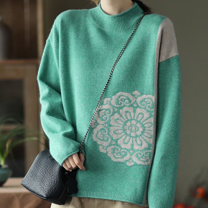 Retro Winter Color Matching Warm Cotton Sweater Dec 2021 New Arrival One Size Green 