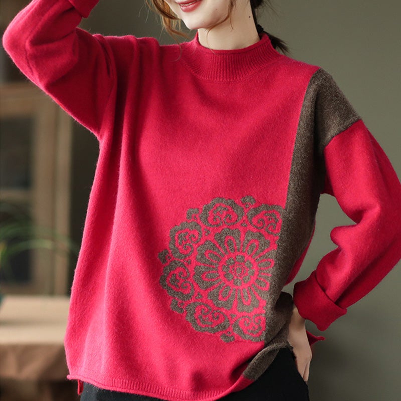 Retro Winter Color Matching Warm Cotton Sweater Dec 2021 New Arrival One Size Red 