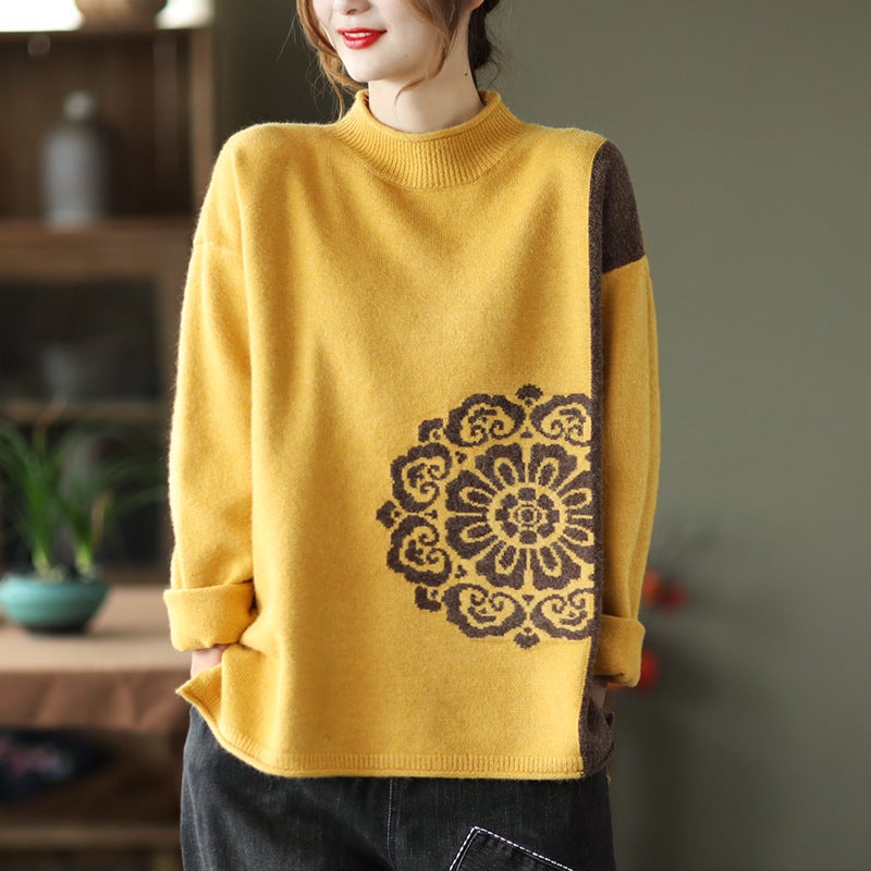 Retro Winter Color Matching Warm Cotton Sweater Dec 2021 New Arrival One Size Yellow 