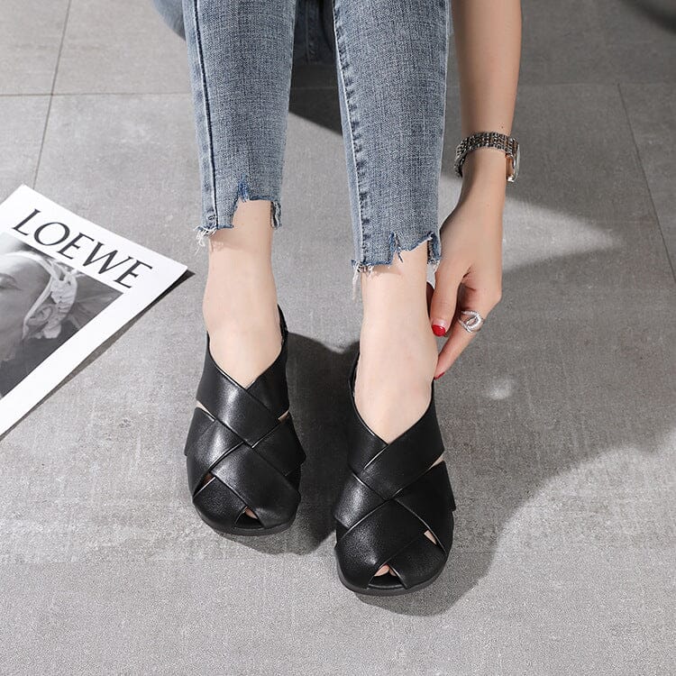 Retro Woven Hollow Leather Flats For Women 35 Black 