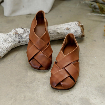 Retro Woven Hollow Leather Flats For Women 35 Brown 