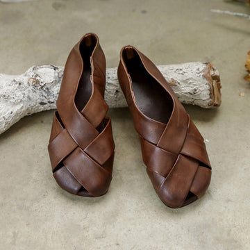 Women Retro Leather Weave Foldable Flats