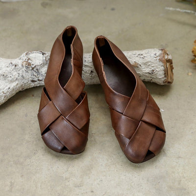 Retro Woven Hollow Leather Flats For Women 35 Coffee 
