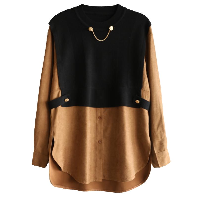 Round Neck Solid Color Knitted Stitching Fake Two-piece Shirt