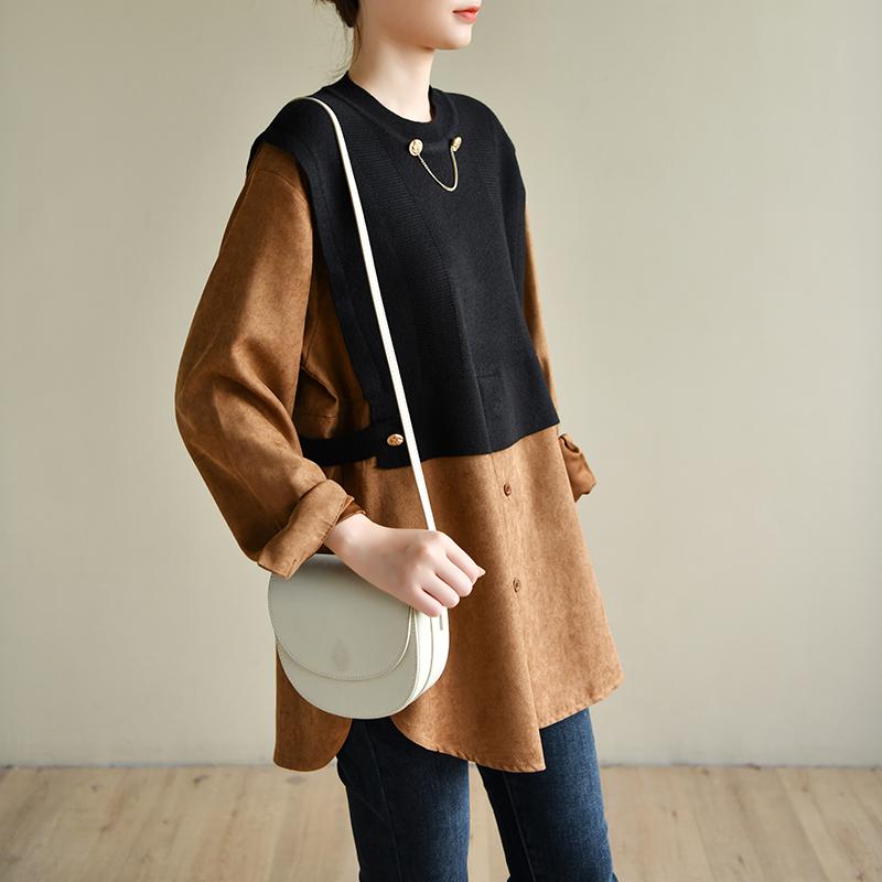 Round Neck Solid Color Knitted Stitching Fake Two-piece Shirt