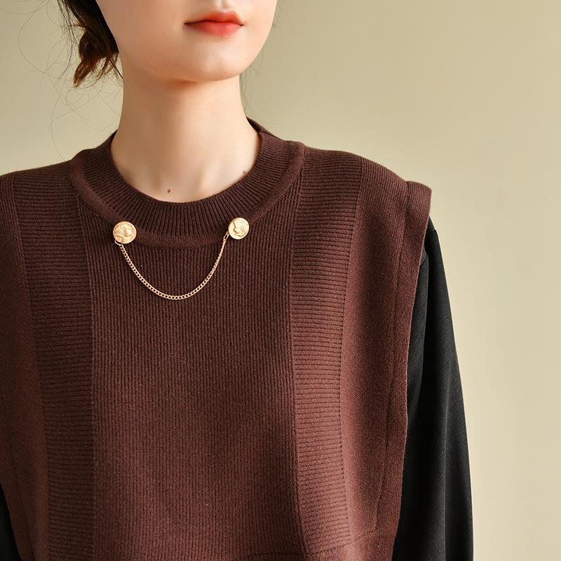 Round Neck Solid Color Knitted Stitching Fake Two-piece Shirt OCT 