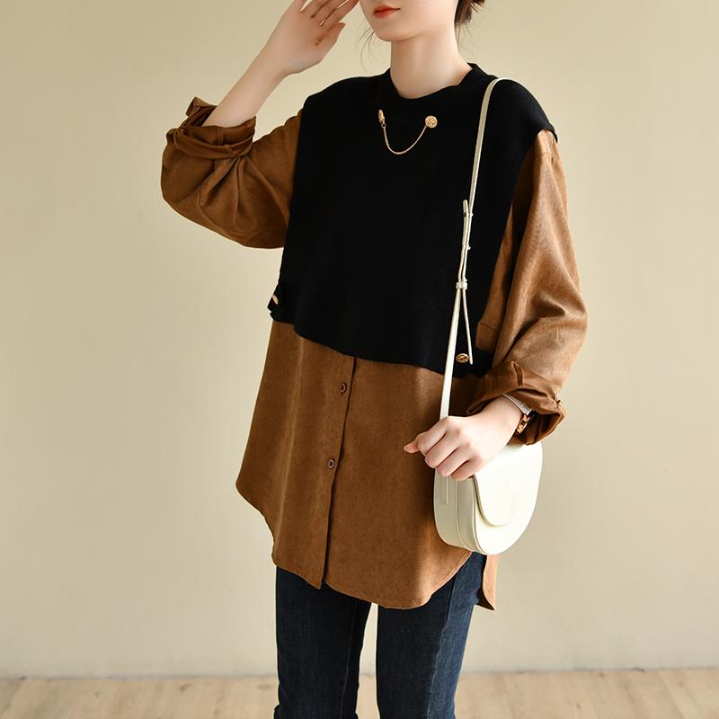 Round Neck Solid Color Knitted Stitching Fake Two-piece Shirt OCT black and khaki 