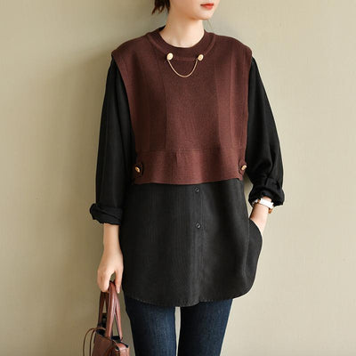 Round Neck Solid Color Knitted Stitching Fake Two-piece Shirt OCT wine red and black 