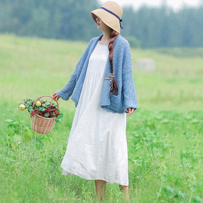 Rural Style Fashion White Linen Long Sleeve Dress