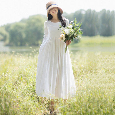 Rural Style Fashion White Linen Long Sleeve Dress