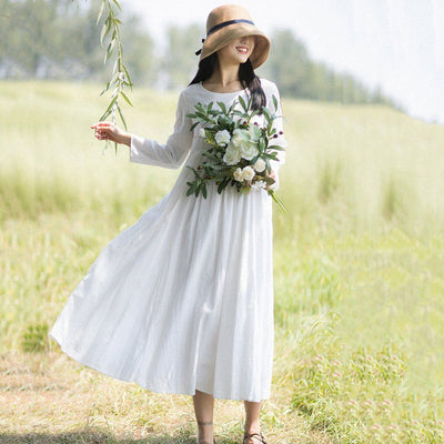 Rural Style Fashion White Linen Long Sleeve Dress March-2020-New Arrival 