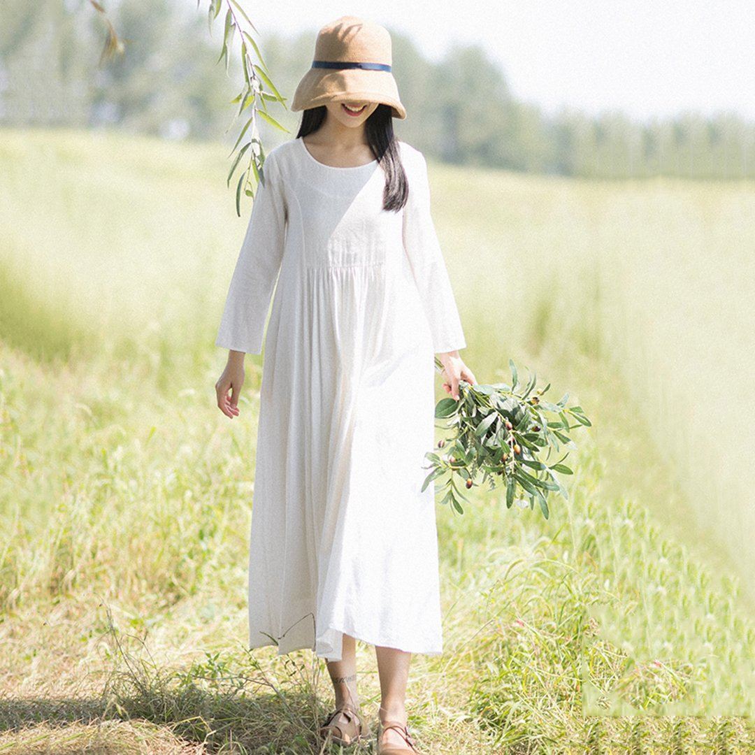 Rural Style Fashion White Linen Long Sleeve Dress March-2020-New Arrival M White 