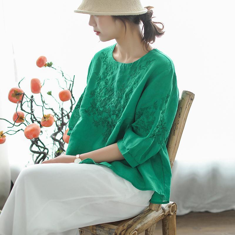 Short Sleeve Embroidery Cotton Linen Blouse 2019 March New One Size Green 