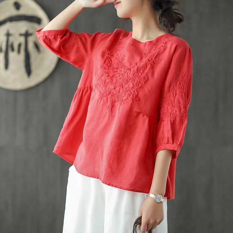 Short Sleeve Embroidery Cotton Linen Blouse 2019 March New One Size Red 