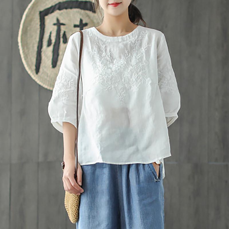 Short Sleeve Embroidery Cotton Linen Blouse 2019 March New One Size White 