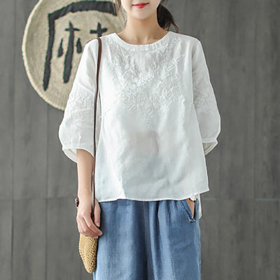 Short Sleeve Embroidery Cotton Linen Blouse