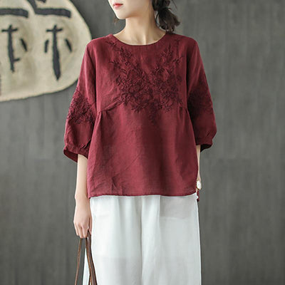 Short Sleeve Embroidery Cotton Linen Blouse 2019 March New One Size Wine Red 