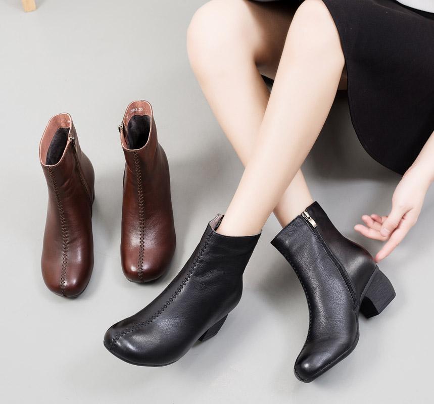 Simple Retro Leather Soft Bottom Women Boots - Babakud