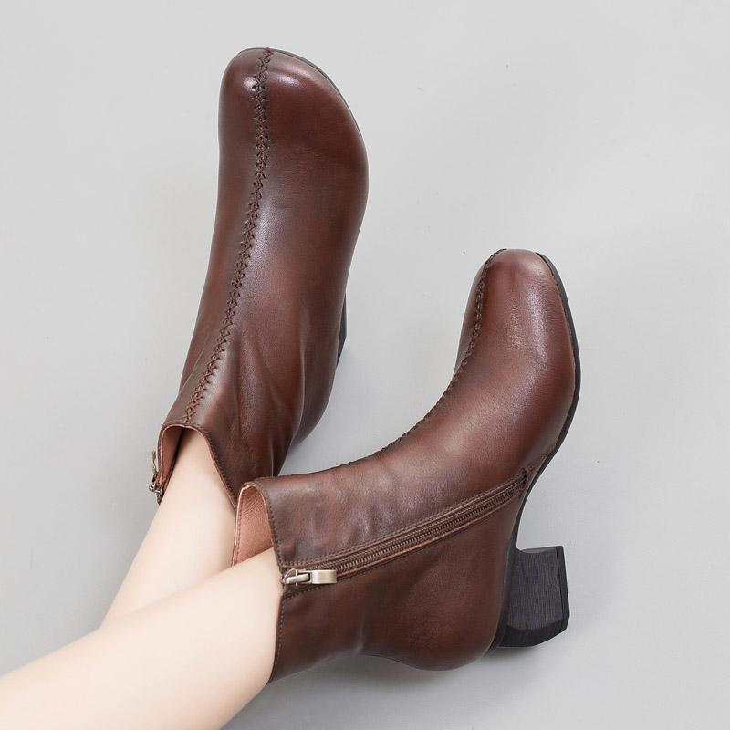 Simple Retro Leather Soft Bottom Women Boots - Babakud