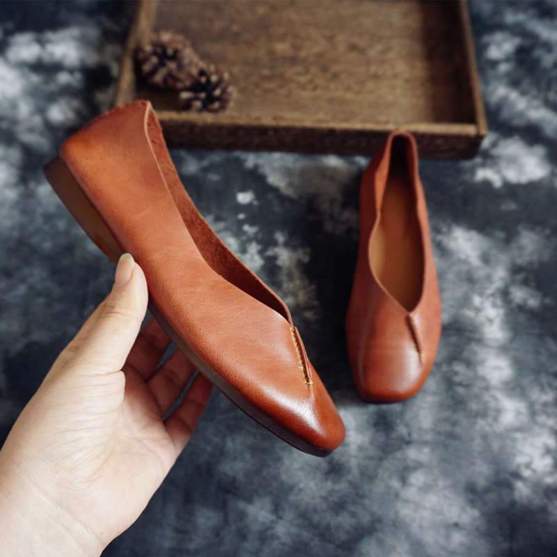 Simple Sewing Slip On Leather Solid Flat Casual Women Shoes 2019 May New 35 Caramel 