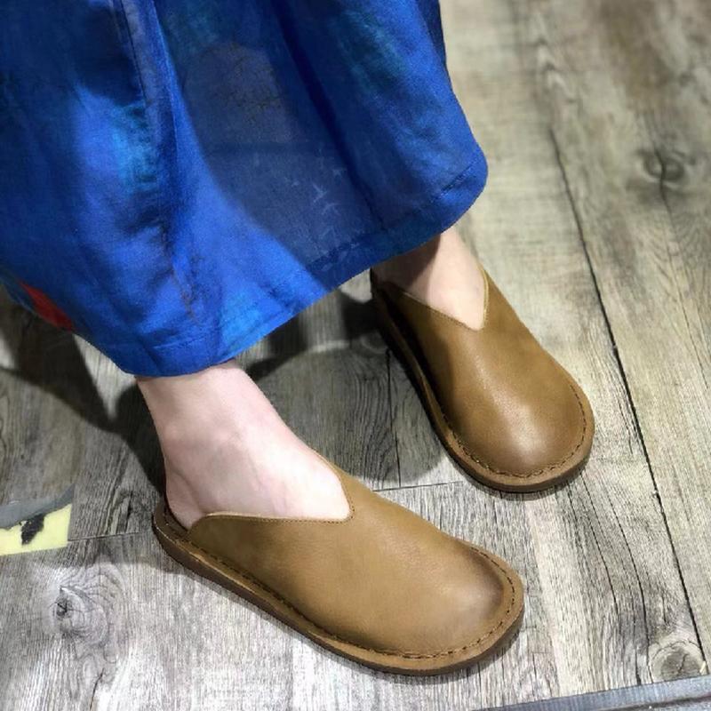 Simple Solid Literary Fan Female Flat Bottom Slippers Leather Shoes 2019 April New 35 Light Yellow 