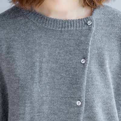 Slanted Buttons Round Neck Casual Loose Sweater