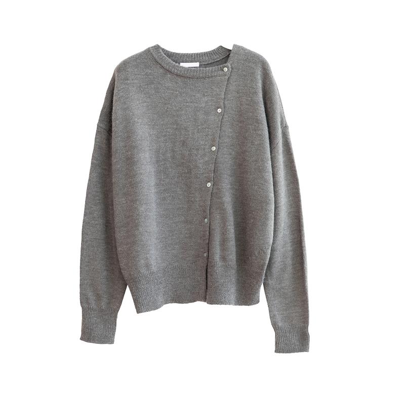 Slanted Buttons Round Neck Casual Loose Sweater