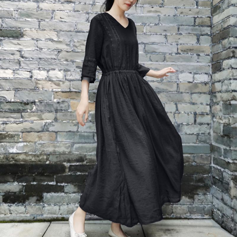Smooth Cotton Vintage Casual Spring Summer Dress Apr 2022 New Arrival Black L 