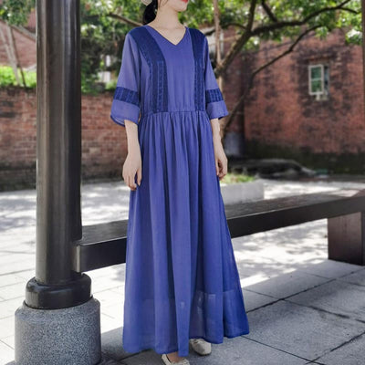 Smooth Cotton Vintage Casual Spring Summer Dress Apr 2022 New Arrival Blue L 