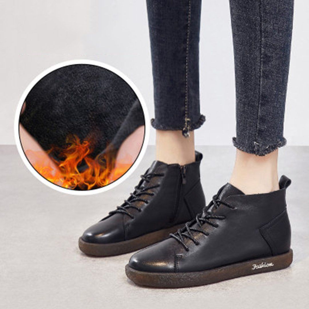 Soft Comfortable Leather Lace-Up Boots 2019 New December 35 Black Plush 