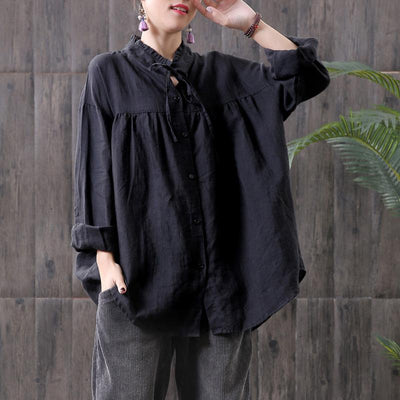 Solid Gathered Back Ruffled Loose Linen Shirt 2019 April New One Size Black 