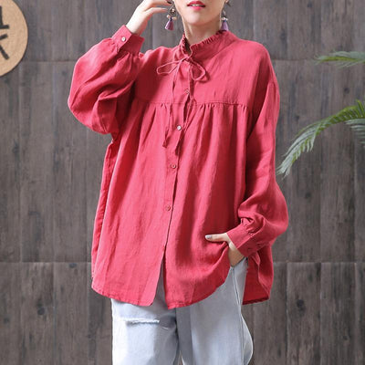 Solid Gathered Back Ruffled Loose Linen Shirt 2019 April New One Size Red 