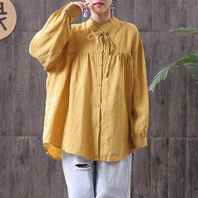 Solid Gathered Back Ruffled Loose Linen Shirt 2019 April New One Size Yellow 