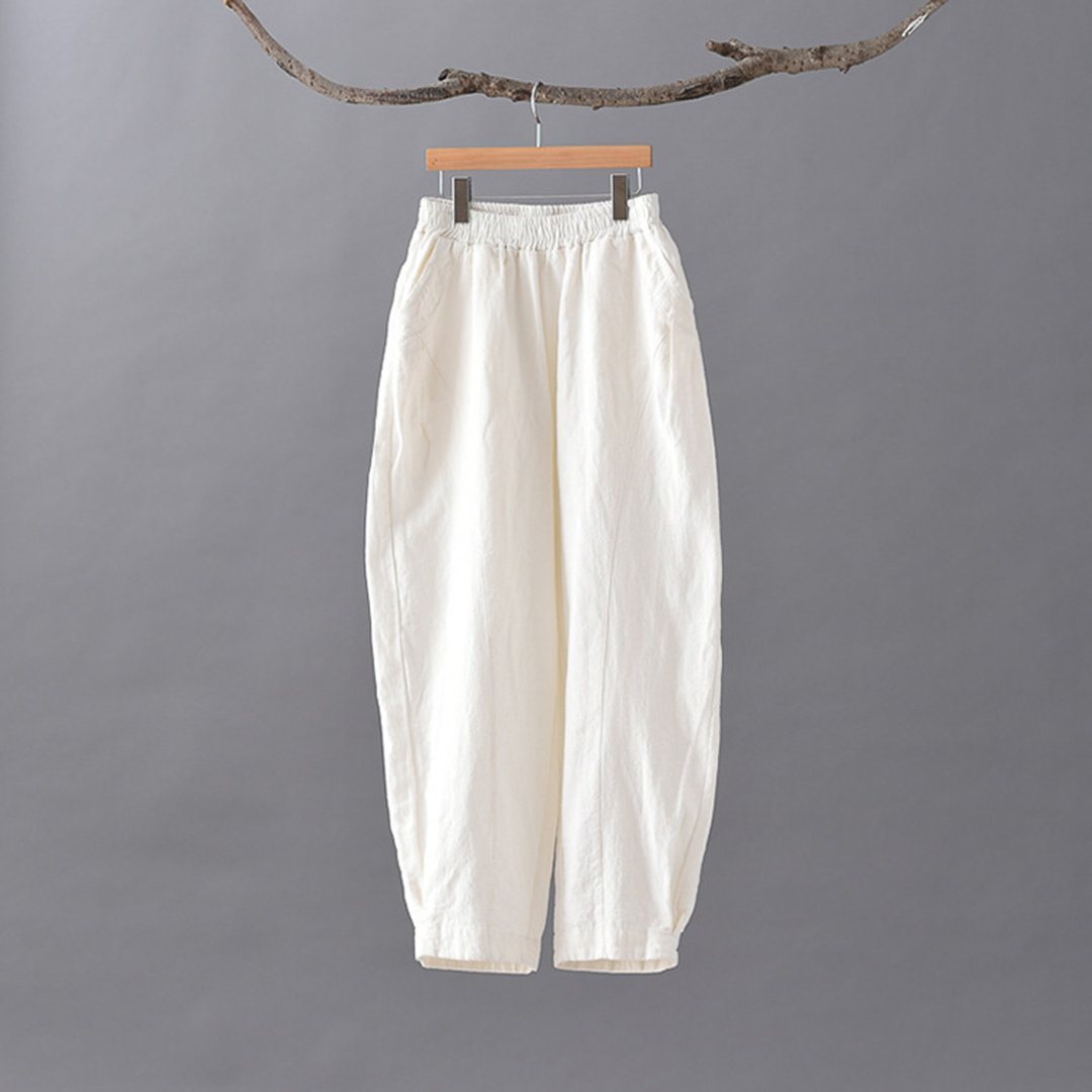Solid Linen Lantern Pants Trousers One Size White 