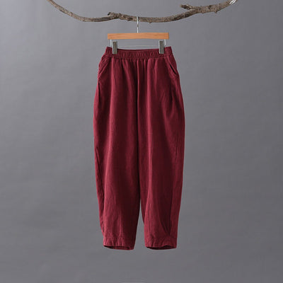 Solid Linen Lantern Pants Trousers One Size Wine Red 