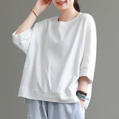 Solid Loose Crew Neck Casual Comfortable Slit Blouse