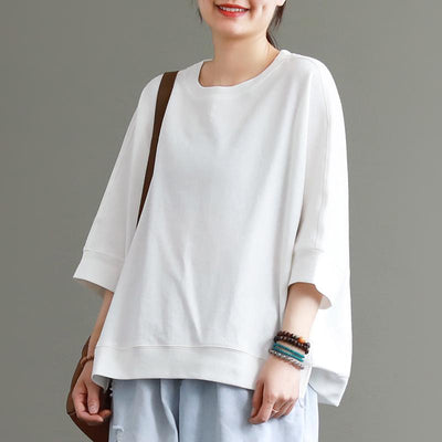 Solid Loose Crew Neck Casual Comfortable Slit Blouse 2019 April New One Size White 