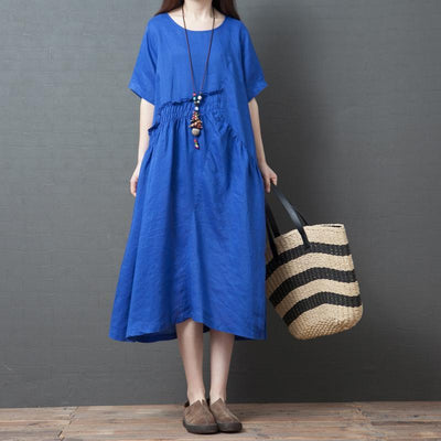 Solid Loose Round Neck Short Sleeve Dress For Women April 2021 New-Arrival One Size Blue 