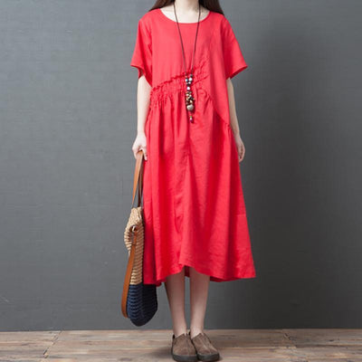 Solid Loose Round Neck Short Sleeve Dress For Women One Size Red 