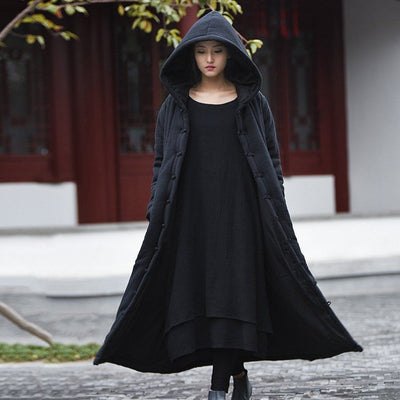 Solid Retro Hooded Quilted Long Coat