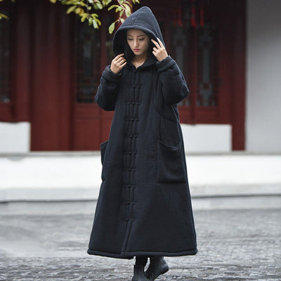 Solid Retro Hooded Quilted Long Coat 2019 New December One Size Black 
