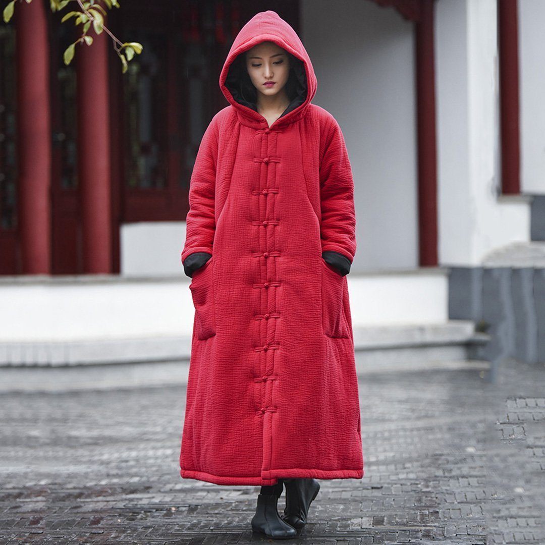 Solid Retro Hooded Quilted Long Coat 2019 New December One Size Red 