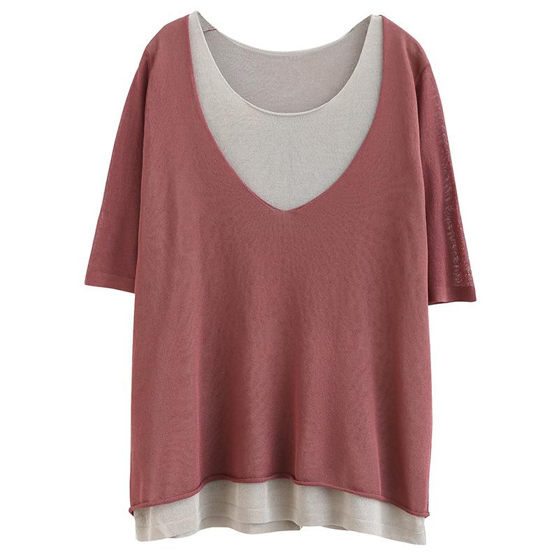 Splice Fake Two Short - Sleeved Cotton Linen T-Shirts May 2021 New-Arrival 