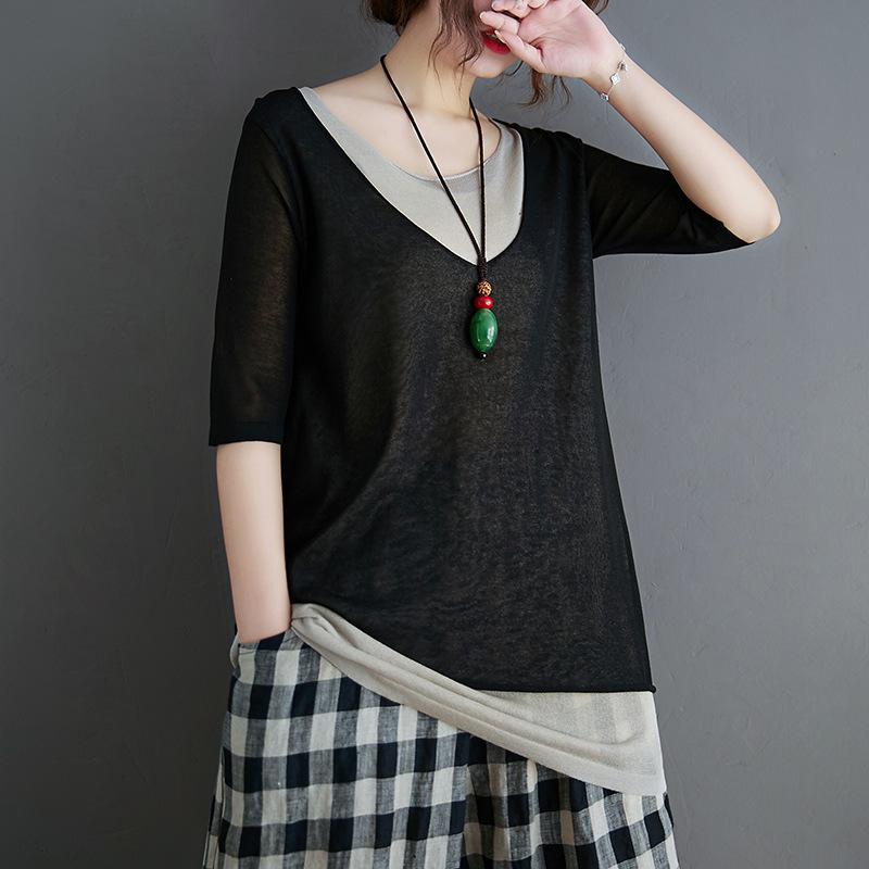 Splice Fake Two Short - Sleeved Cotton Linen T-Shirts May 2021 New-Arrival One Size Black 