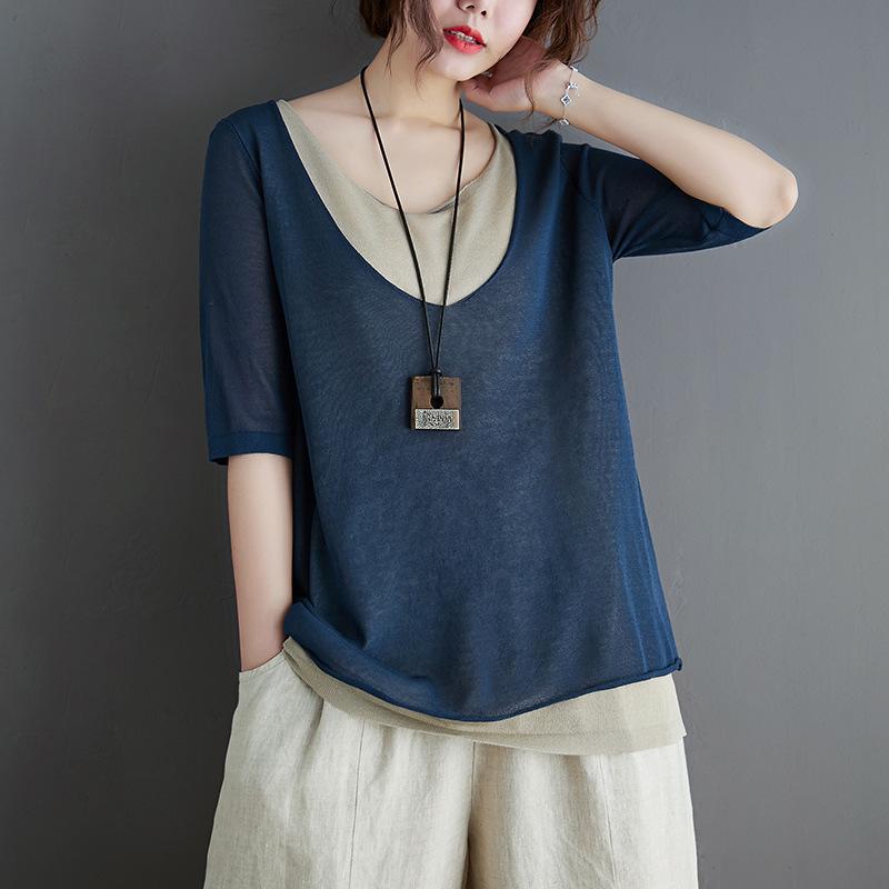 Splice Fake Two Short - Sleeved Cotton Linen T-Shirts May 2021 New-Arrival One Size Dark Blue 