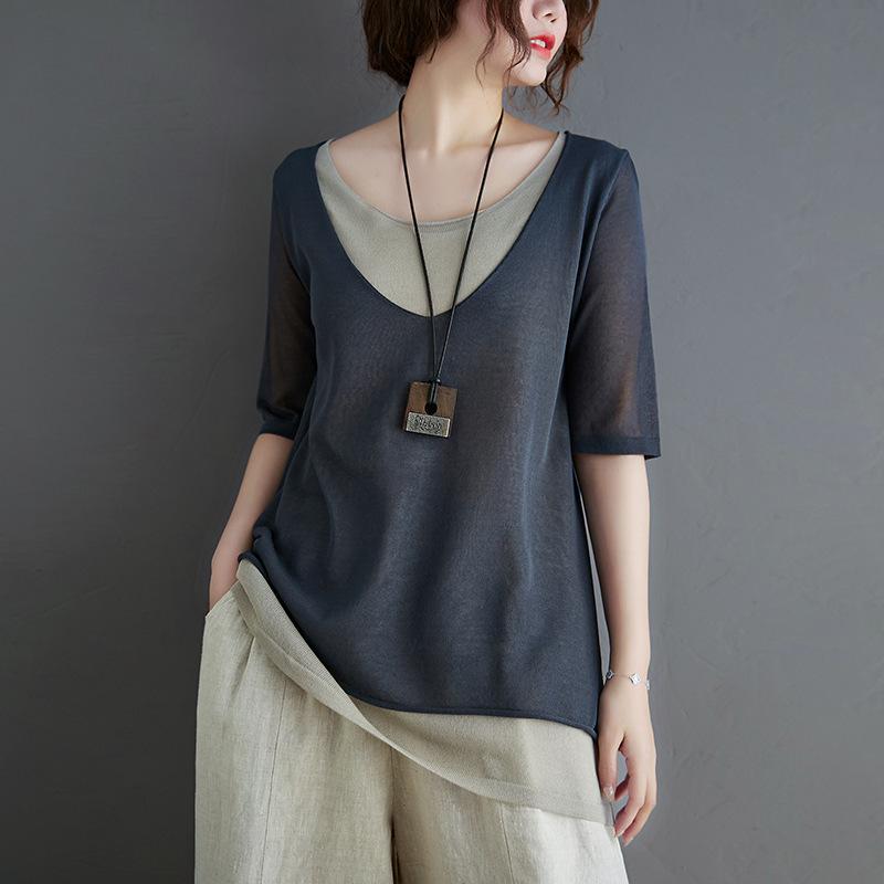 Splice Fake Two Short - Sleeved Cotton Linen T-Shirts